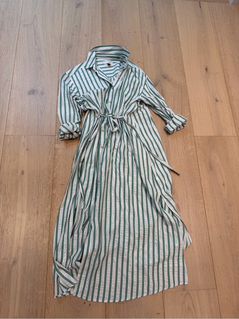 Striped Button-Front Dress with Waist Tie - Green/White - Picture 2 of 3